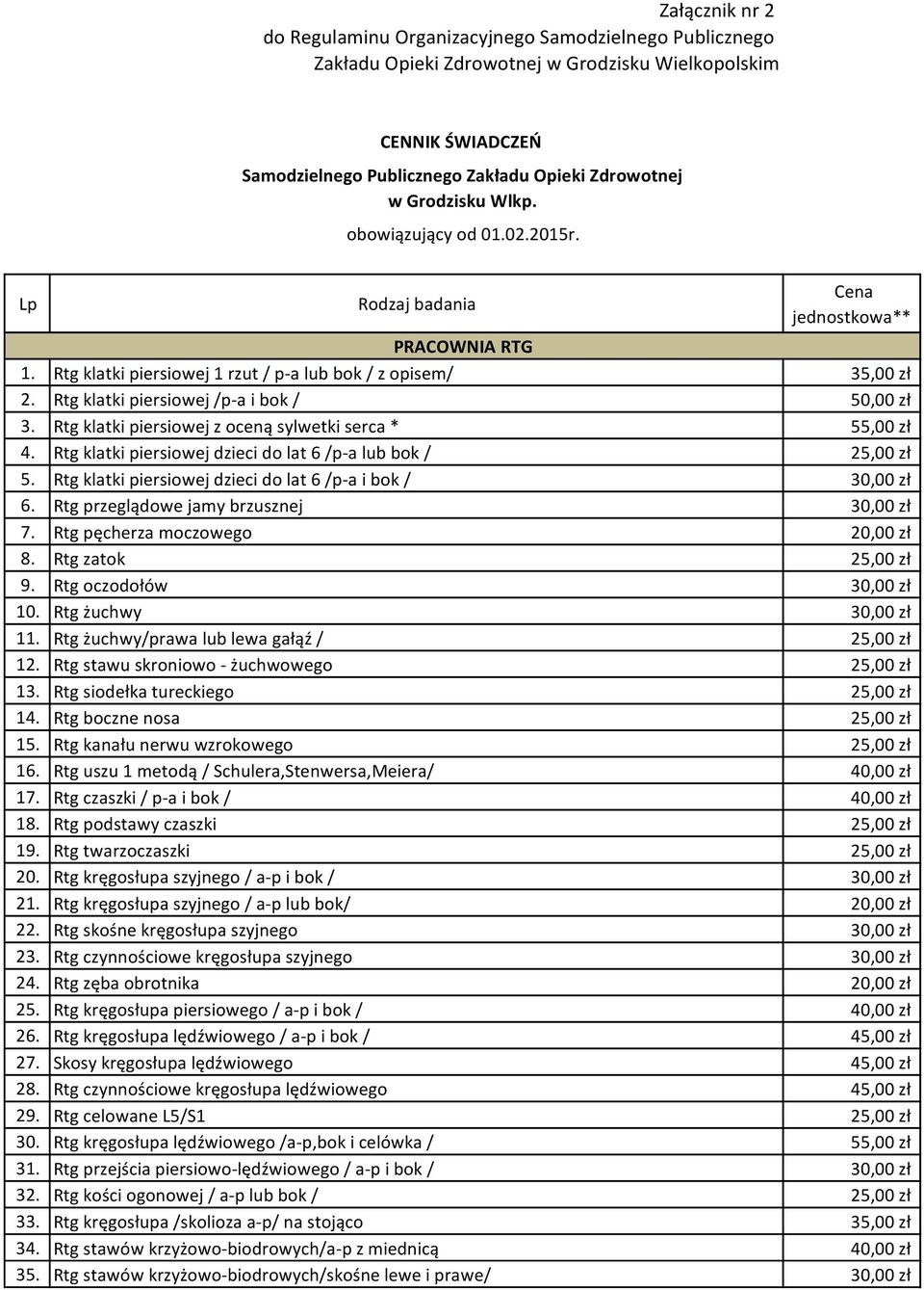 Rtg klatki piersiowej /p-a i bok / 50,00 zł 3. Rtg klatki piersiowej z oceną sylwetki serca * 55,00 zł 4. Rtg klatki piersiowej dzieci do lat 6 /p-a lub bok / 25,00 zł 5.