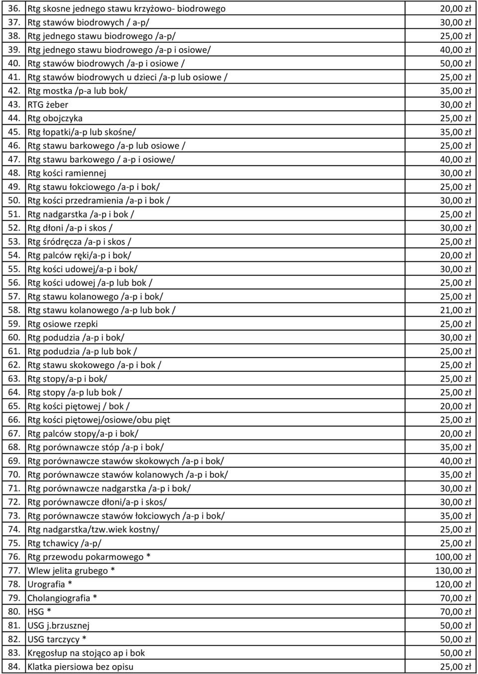 Rtg mostka /p-a lub bok/ 35,00 zł 43. RTG żeber 30,00 zł 44. Rtg obojczyka 25,00 zł 45. Rtg łopatki/a-p lub skośne/ 35,00 zł 46. Rtg stawu barkowego /a-p lub osiowe / 25,00 zł 47.