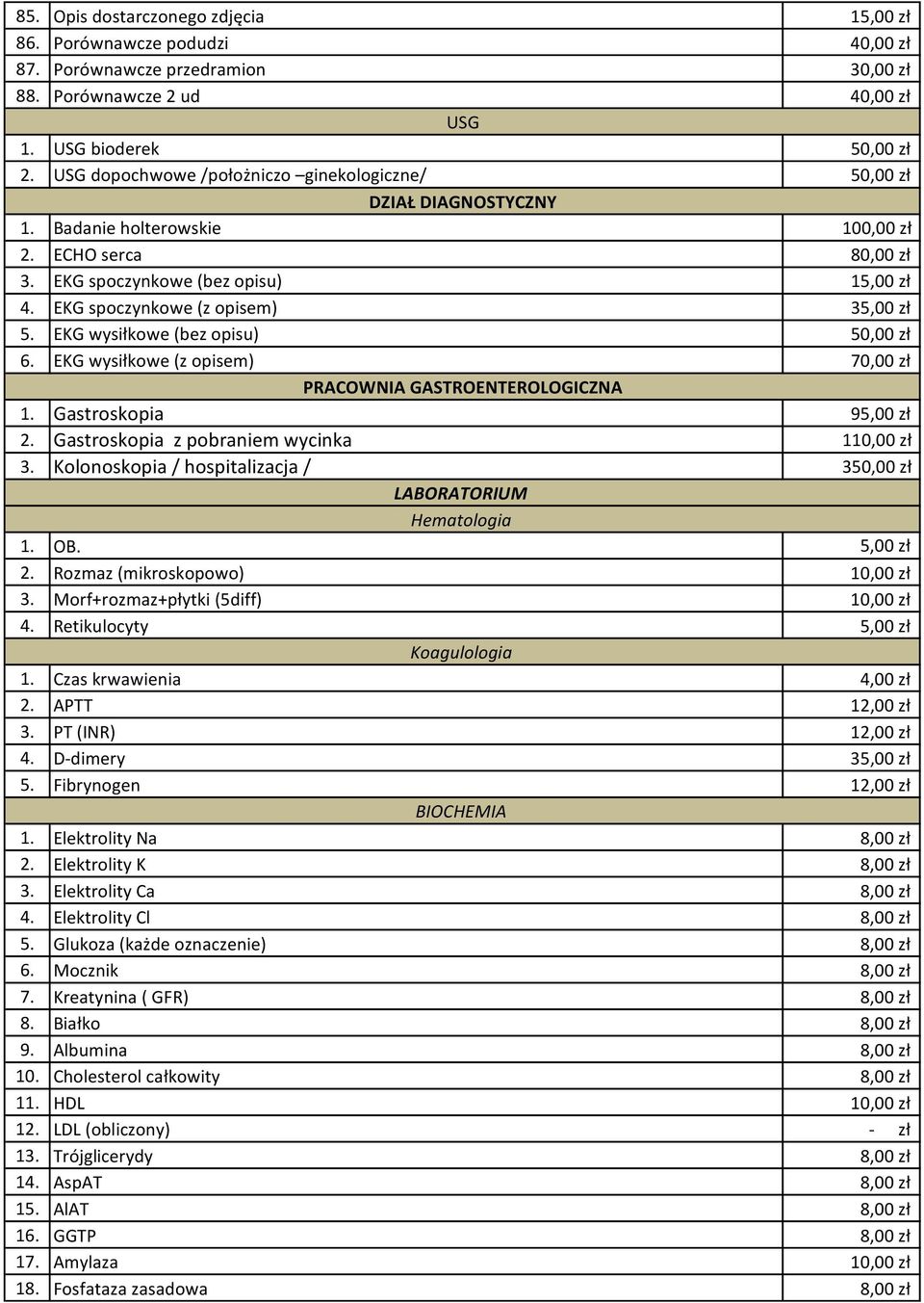 EKG spoczynkowe (z opisem) 35,00 zł 5. EKG wysiłkowe (bez opisu) 50,00 zł 6. EKG wysiłkowe (z opisem) 70,00 zł PRACOWNIA GASTROENTEROLOGICZNA 1. Gastroskopia 95,00 zł 2.