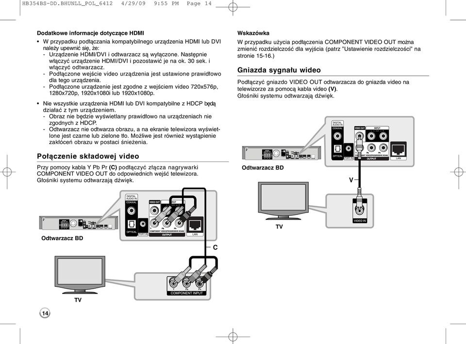 są wyłączone. Następnie włączyć urządzenie HDMI/DVI i pozostawić je na ok. 30 sek. i włączyć odtwarzacz. - Podłączone wejście video urządzenia jest ustawione prawidłowo dla tego urządzenia.