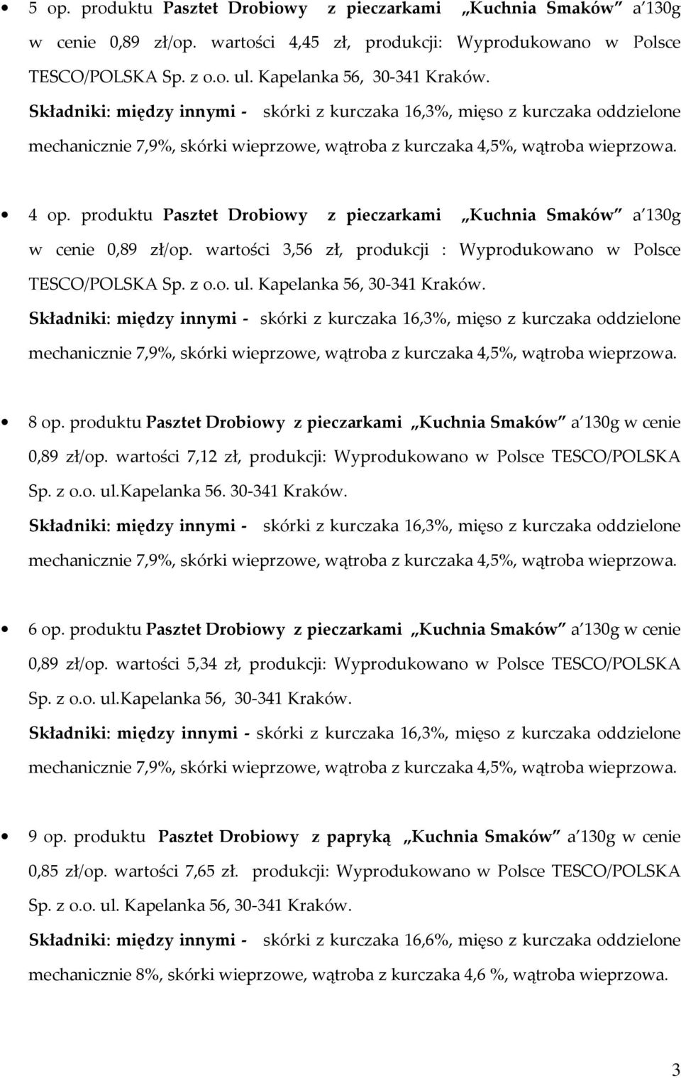 8 op. produktu Pasztet Drobiowy z pieczarkami Kuchnia Smaków a 130g w cenie 0,89 zł/op. wartości 7,12 zł, produkcji: Wyprodukowano w Polsce TESCO/POLSKA Sp. z o.o. ul.kapelanka 56. 30-341 Kraków.