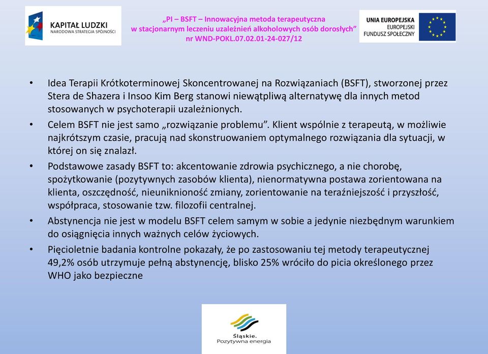 Klient wspólnie z terapeutą, w możliwie najkrótszym czasie, pracują nad skonstruowaniem optymalnego rozwiązania dla sytuacji, w której on się znalazł.