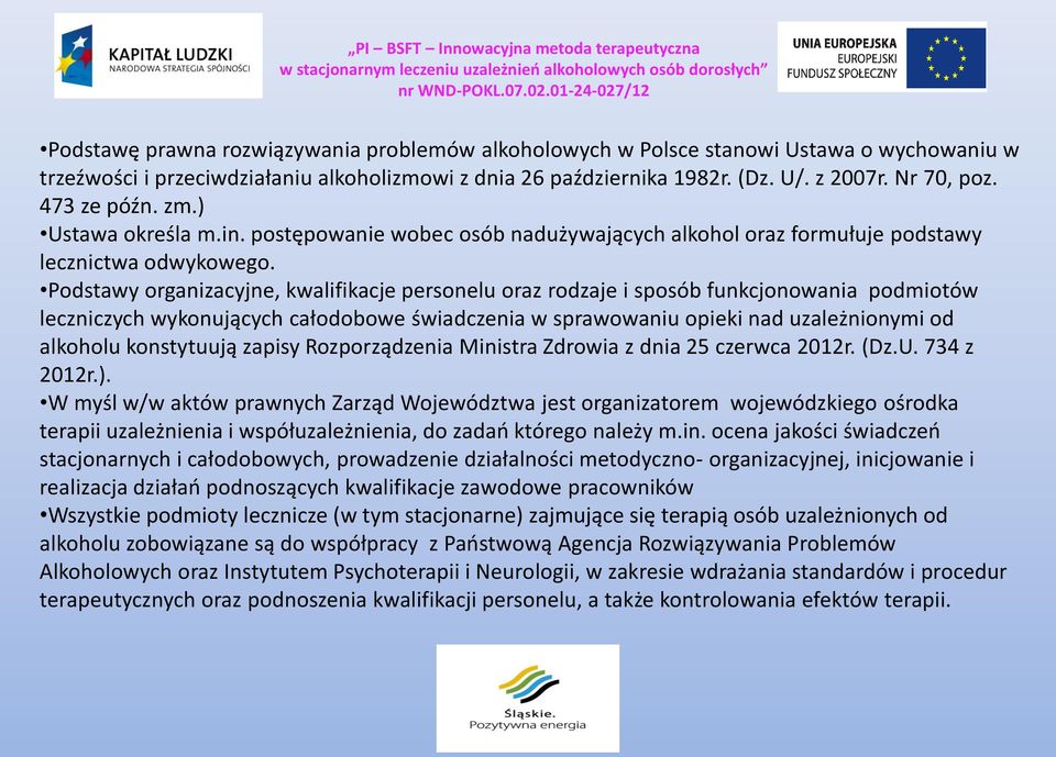 Podstawy organizacyjne, kwalifikacje personelu oraz rodzaje i sposób funkcjonowania podmiotów leczniczych wykonujących całodobowe świadczenia w sprawowaniu opieki nad uzależnionymi od alkoholu