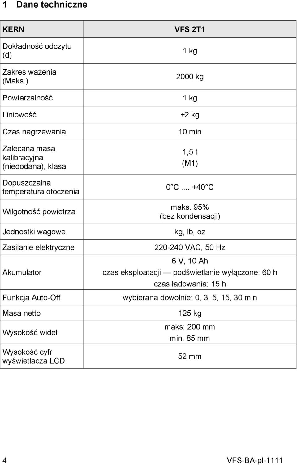 Jednostki wagowe Zasilanie elektryczne Akumulator Funkcja Auto-Off Masa netto Wysokość wideł Wysokość cyfr wyświetlacza LCD VFS 2T1 1 kg 2000 kg 1 kg ±2