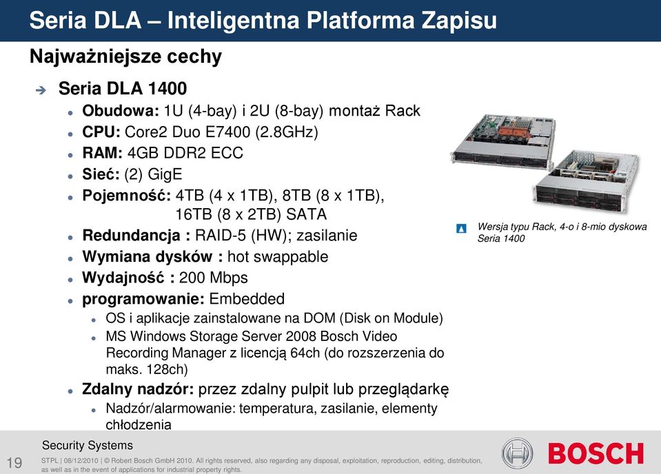 swappable Wydajność : 200 Mbps programowanie: Embedded OS i aplikacje zainstalowane na DOM (Disk on Module) MS Windows Storage Server 2008 Bosch Video Recording