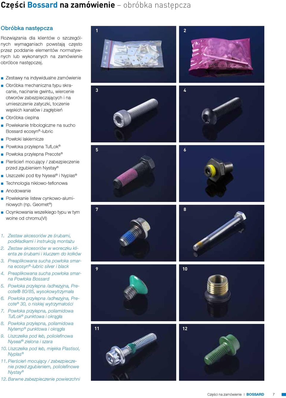 1 2 Zestawy na indywidualne zamówienie Obróbka mechaniczna typu skracanie, nacinanie gwintu, wiercenie otworów zabezpieczających i na umieszczenie zatyczki, toczenie wąskich kanałów i zagłębień