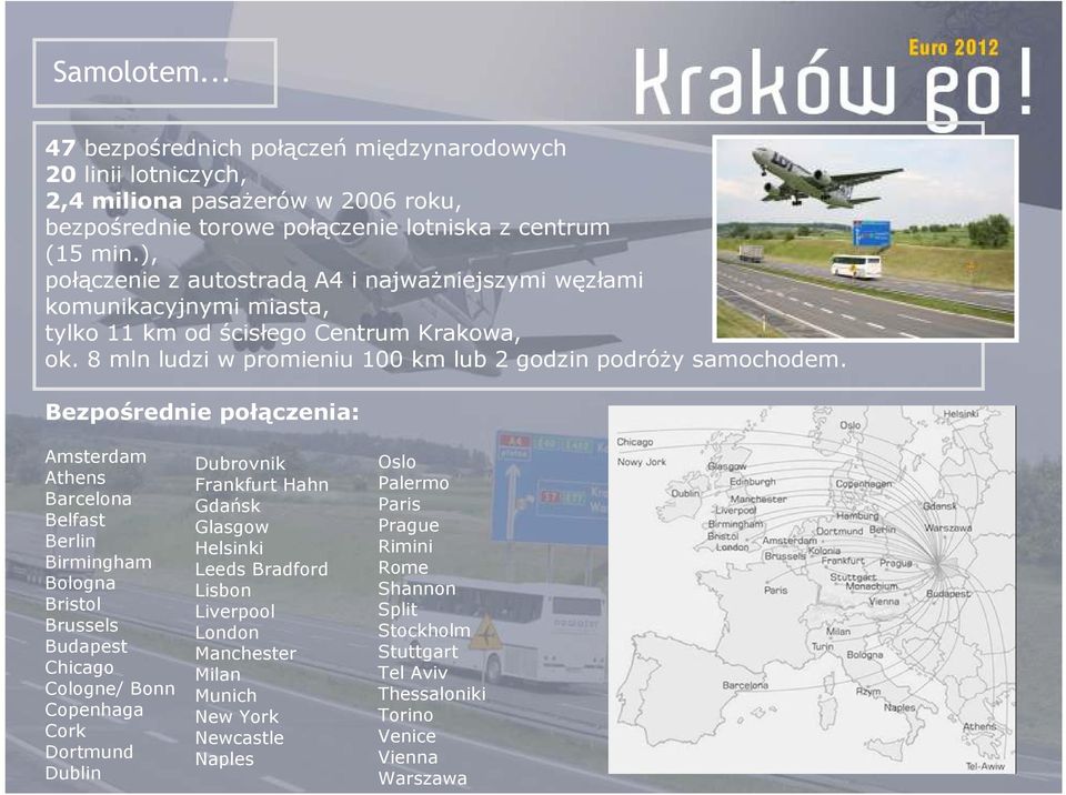 Bezpośrednie połączenia: Amsterdam Athens Barcelona Belfast Berlin Birmingham Bologna Bristol Brussels Budapest Chicago Cologne/ Bonn Copenhaga Cork Dortmund Dublin Dubrovnik Frankfurt Hahn Gdańsk