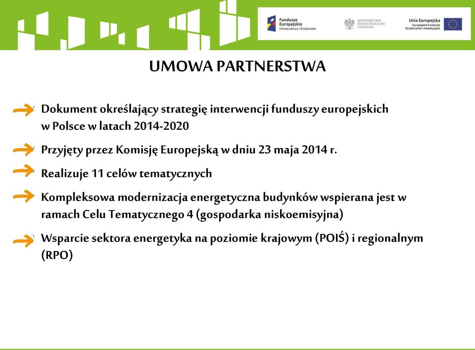 Realizuje 11 celów tematycznych UMOWA PARTNERSTWA Kompleksowa modernizacja energetyczna budynków