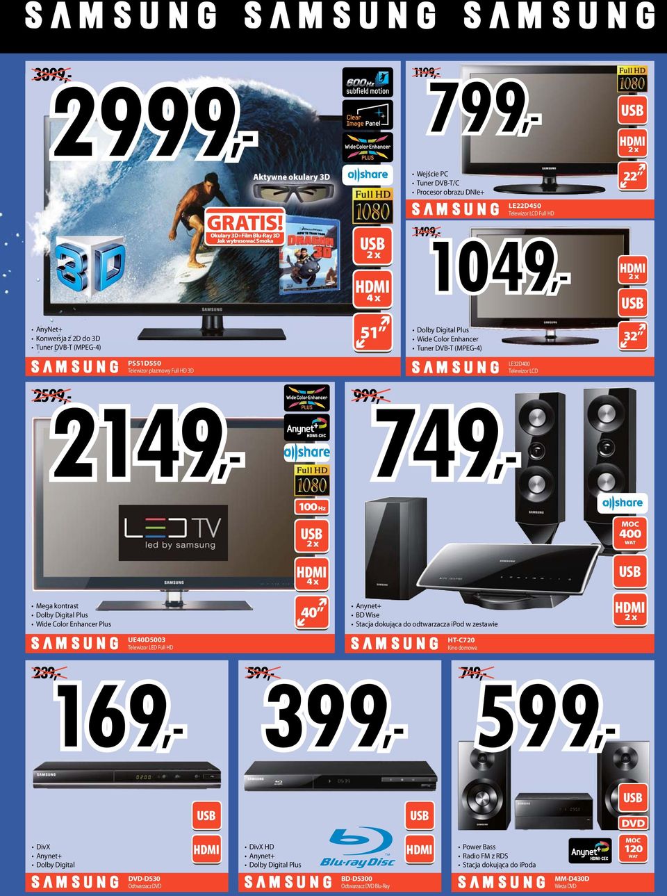DVB-T (MPEG-4) 32 2599 999 749 LE32D400 Telewizor LCD 100 Hz 2 x 400 WT 4 x Mega kontrast Dolby Digital Plus Wide Color Enhancer Plus 40 nynet+ BD Wise Stacja dokująca do odtwarzacza ipod w zestawie