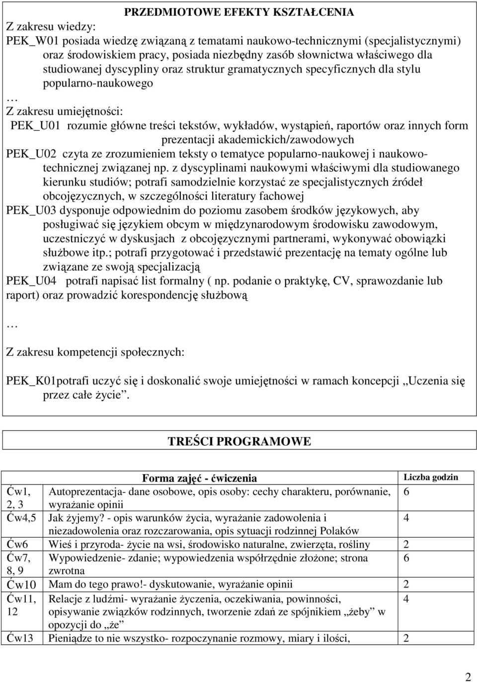 raportów oraz innych form prezentacji akademickich/zawodowych PEK_U02 czyta ze zrozumieniem teksty o tematyce popularno-naukowej i naukowotechnicznej związanej np.