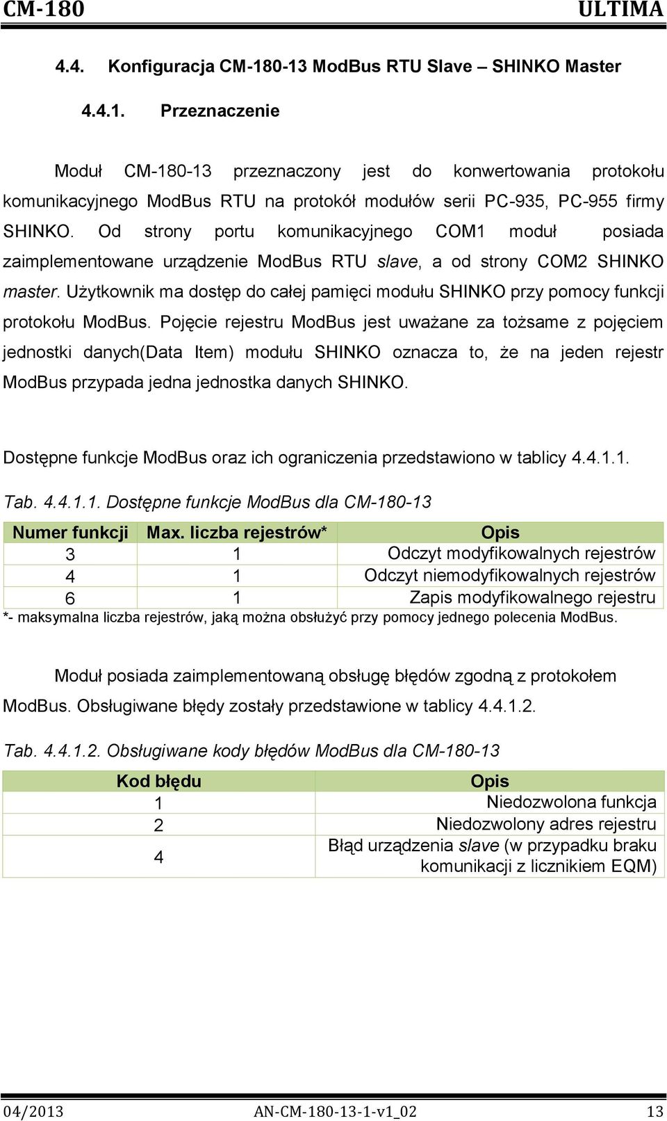 Użytkownik ma dostęp do całej pamięci modułu SHINKO przy pomocy funkcji protokołu ModBus.