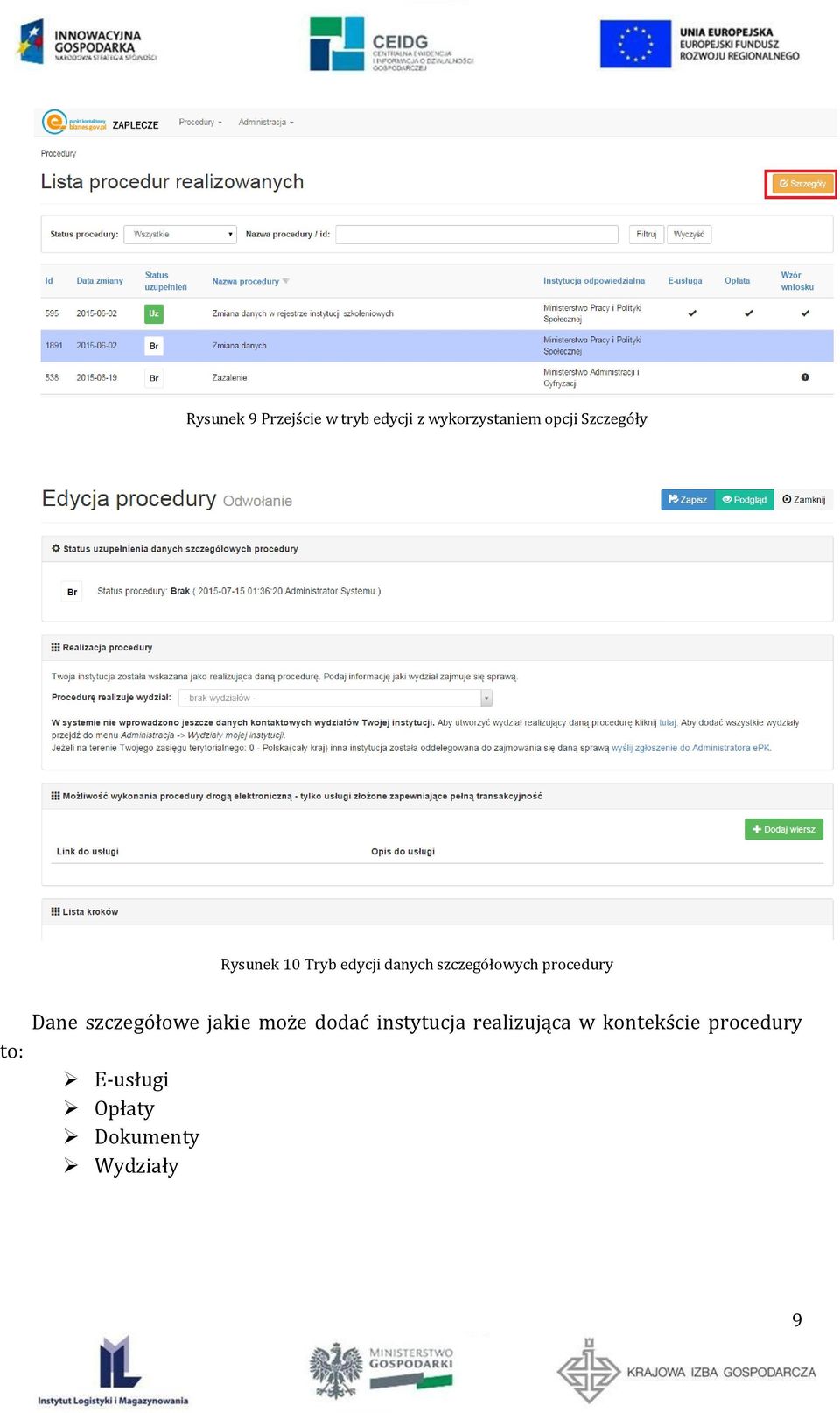 procedury to: Dane szczegółowe jakie może dodać instytucja