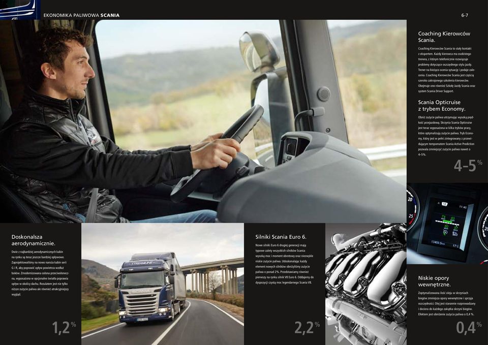 Coaching Kierowców Scania jest częścią szeroko zakrojonego szkolenia kierowców. Obejmuje ono również Szkołę Jazdy Scania oraz system Scania Driver Support. Scania Opticruise z trybem Economy.