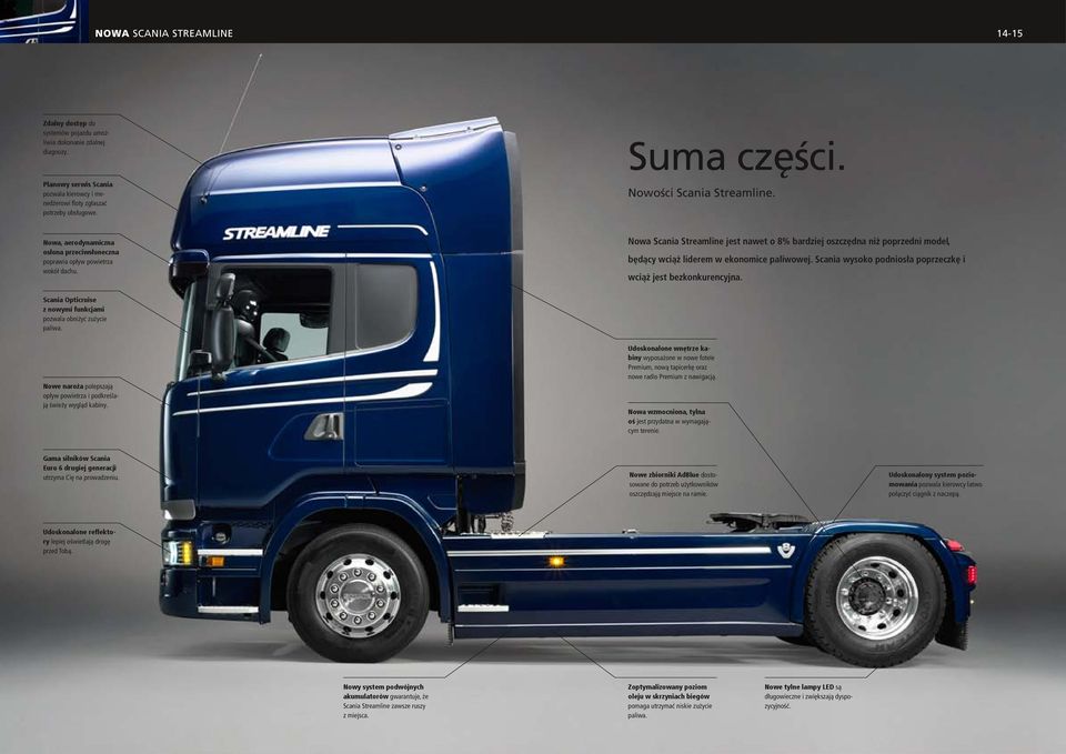 Nowa Scania Streamline jest nawet o 8% bardziej oszczędna niż poprzedni model, będący wciąż liderem w ekonomice paliwowej. Scania wysoko podniosła poprzeczkę i wciąż jest bezkonkurencyjna.