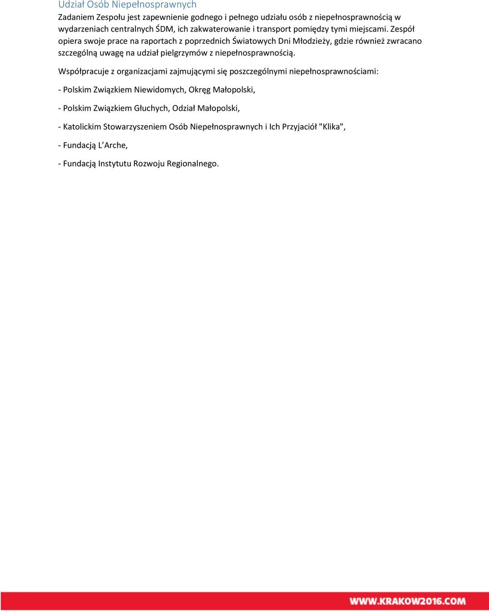 Zespół opiera swoje prace na raportach z poprzednich Światowych Dni Młodzieży, gdzie również zwracano szczególną uwagę na udział pielgrzymów z niepełnosprawnością.