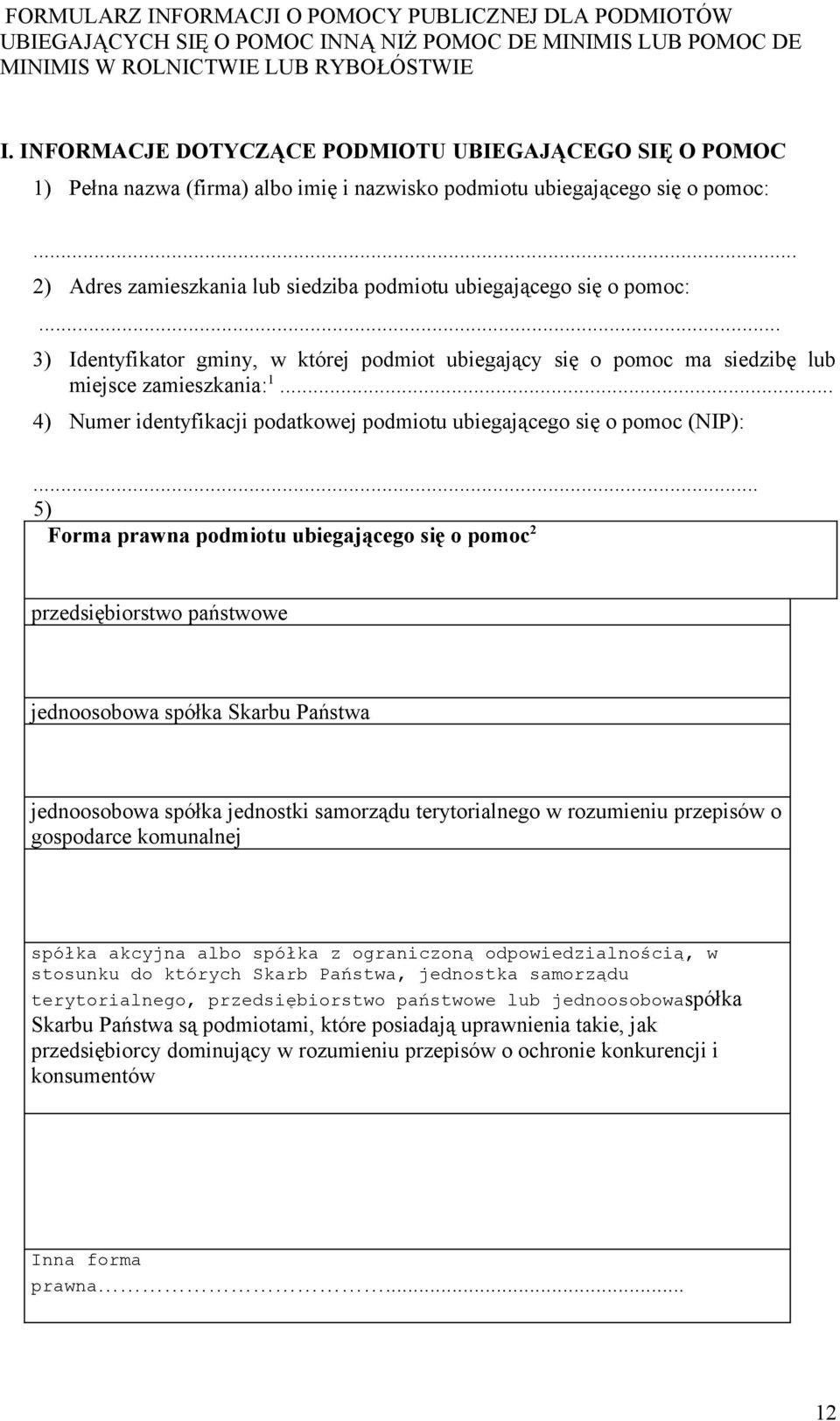 .. 2) Adres zamieszkania lub siedziba podmiotu ubiegającego się o pomoc:... 3) Identyfikator gminy, w której podmiot ubiegający się o pomoc ma siedzibę lub miejsce zamieszkania: 1.