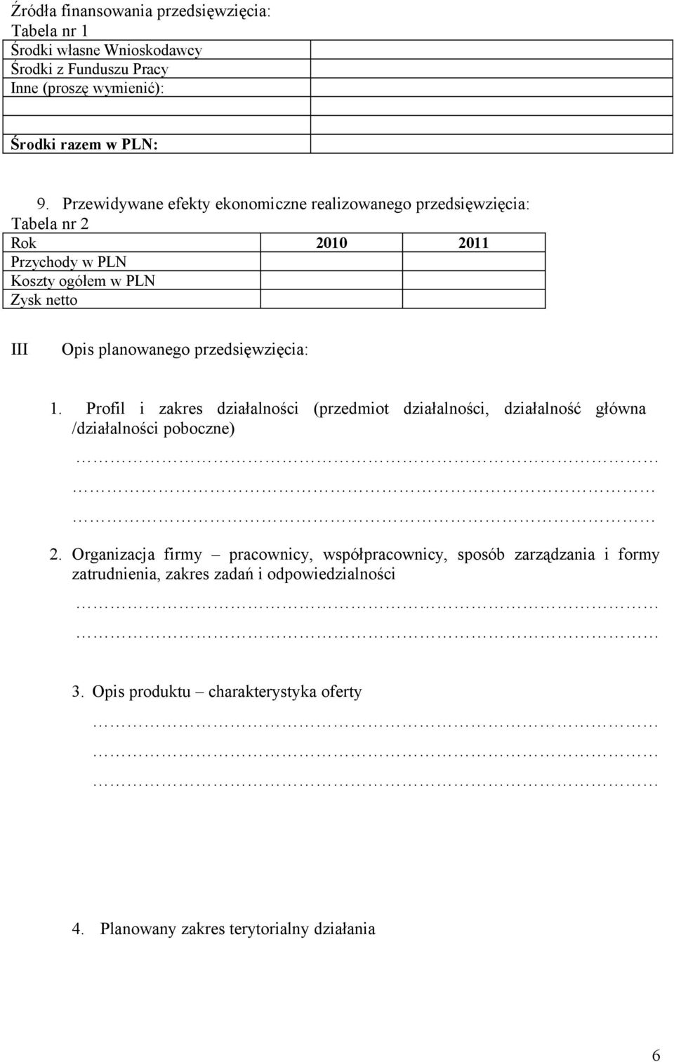 przedsięwzięcia: 1. Profil i zakres działalności (przedmiot działalności, działalność główna /działalności poboczne) 2.