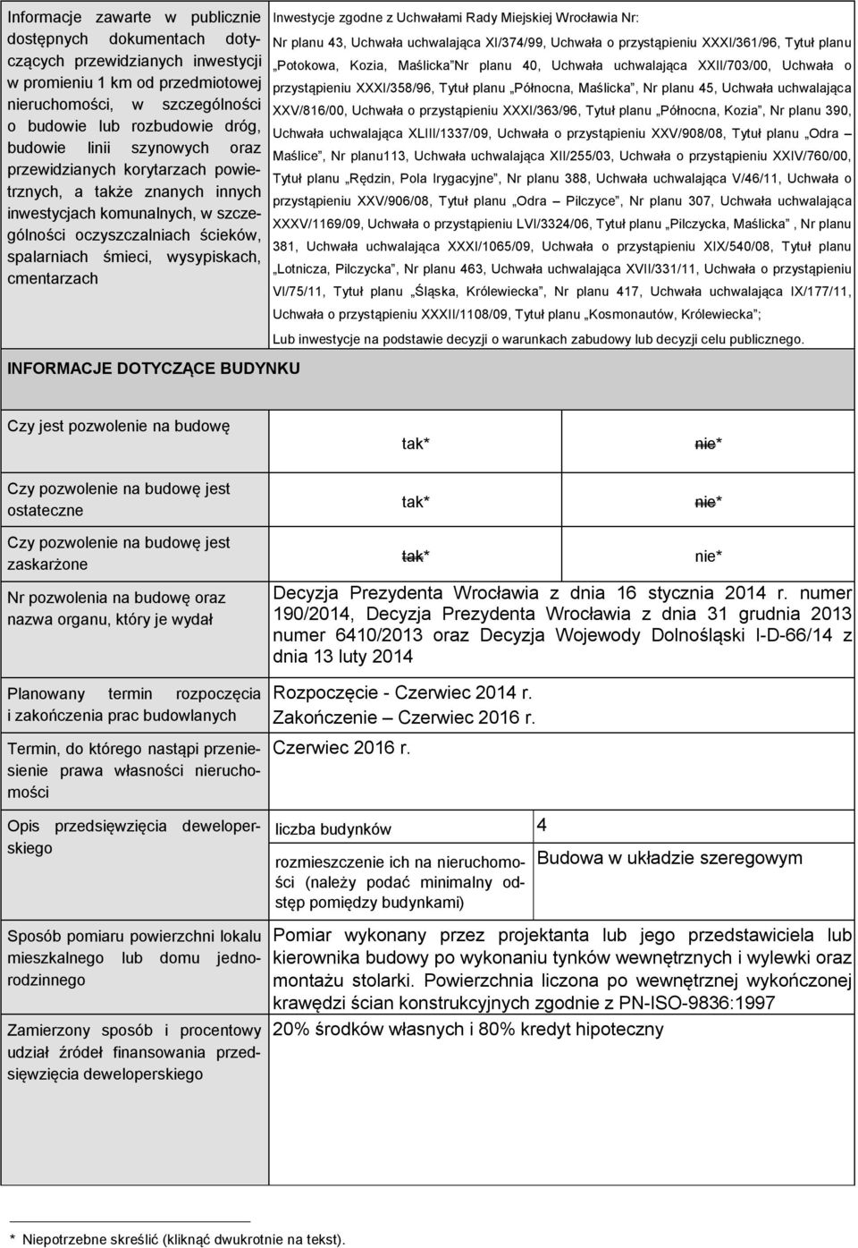 Inwestycje zgodne z Uchwałami Rady Miejskiej Wrocławia Nr: Nr planu 43, Uchwała uchwalająca XI/374/99, Uchwała o przystąpieniu XXXI/361/96, Tytuł planu Potokowa, Kozia, Maślicka Nr planu 40, Uchwała