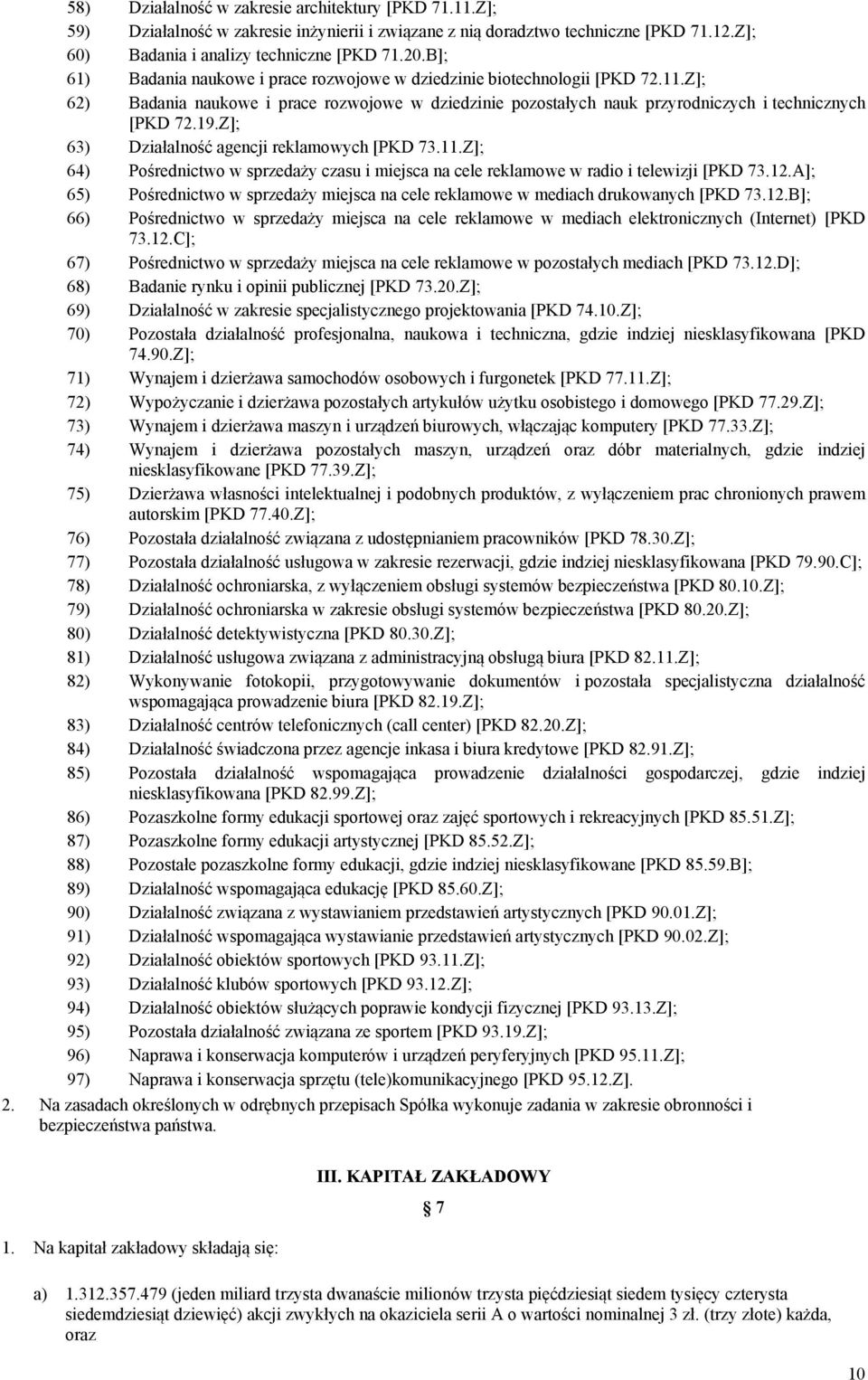 Z]; 63) Działalność agencji reklamowych [PKD 73.11.Z]; 64) Pośrednictwo w sprzedaży czasu i miejsca na cele reklamowe w radio i telewizji [PKD 73.12.
