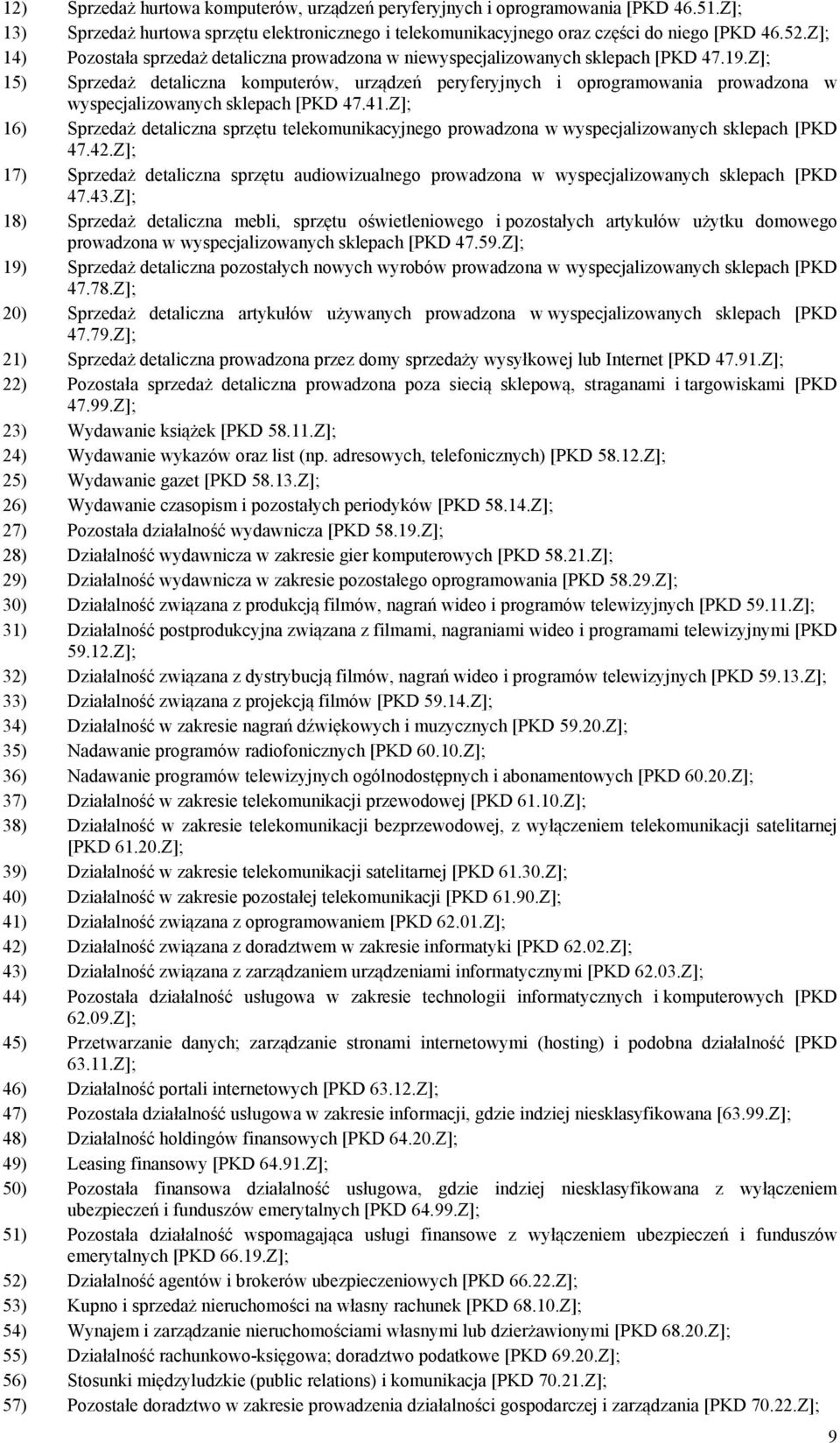 Z]; 15) Sprzedaż detaliczna komputerów, urządzeń peryferyjnych i oprogramowania prowadzona w wyspecjalizowanych sklepach [PKD 47.41.