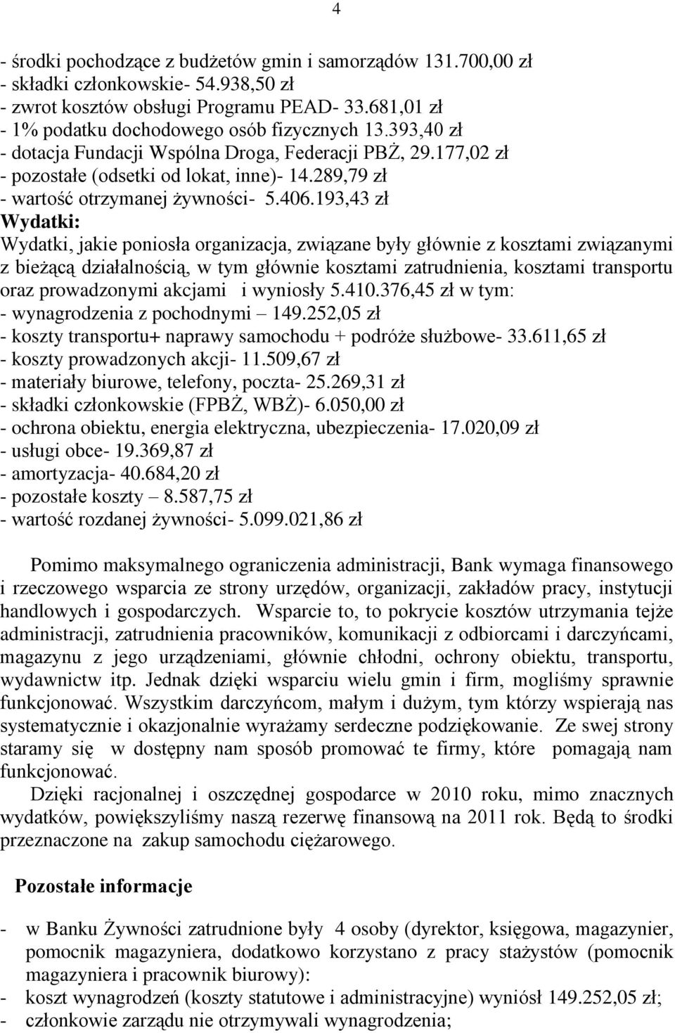 193,43 zł Wydatki: Wydatki, jakie poniosła organizacja, związane były głównie z kosztami związanymi z bieżącą działalnością, w tym głównie kosztami zatrudnienia, kosztami transportu oraz prowadzonymi