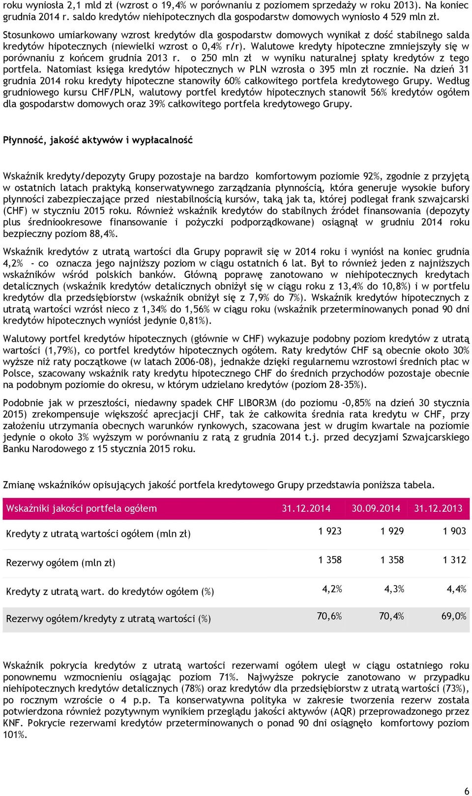 Walutowe kredyty hipoteczne zmniejszyły się w porównaniu z końcem grudnia 2013 r. o 250 mln zł w wyniku naturalnej spłaty kredytów z tego portfela.