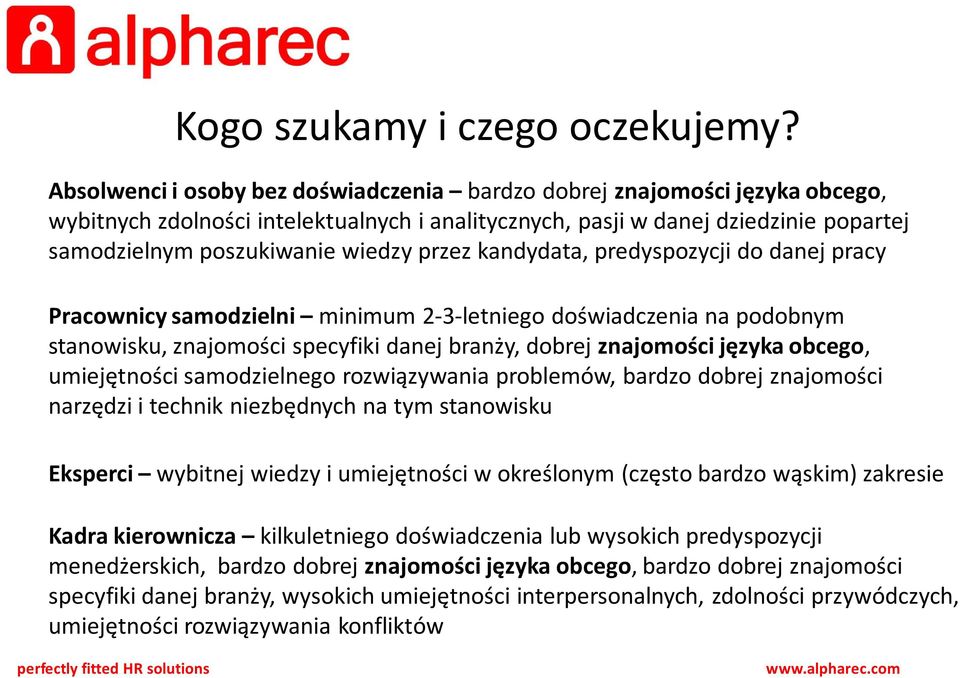 przez kandydata, predyspozycji do danej pracy Pracownicy samodzielni minimum 2-3-letniego doświadczenia na podobnym stanowisku, znajomości specyfiki danej branży, dobrej znajomości języka obcego,