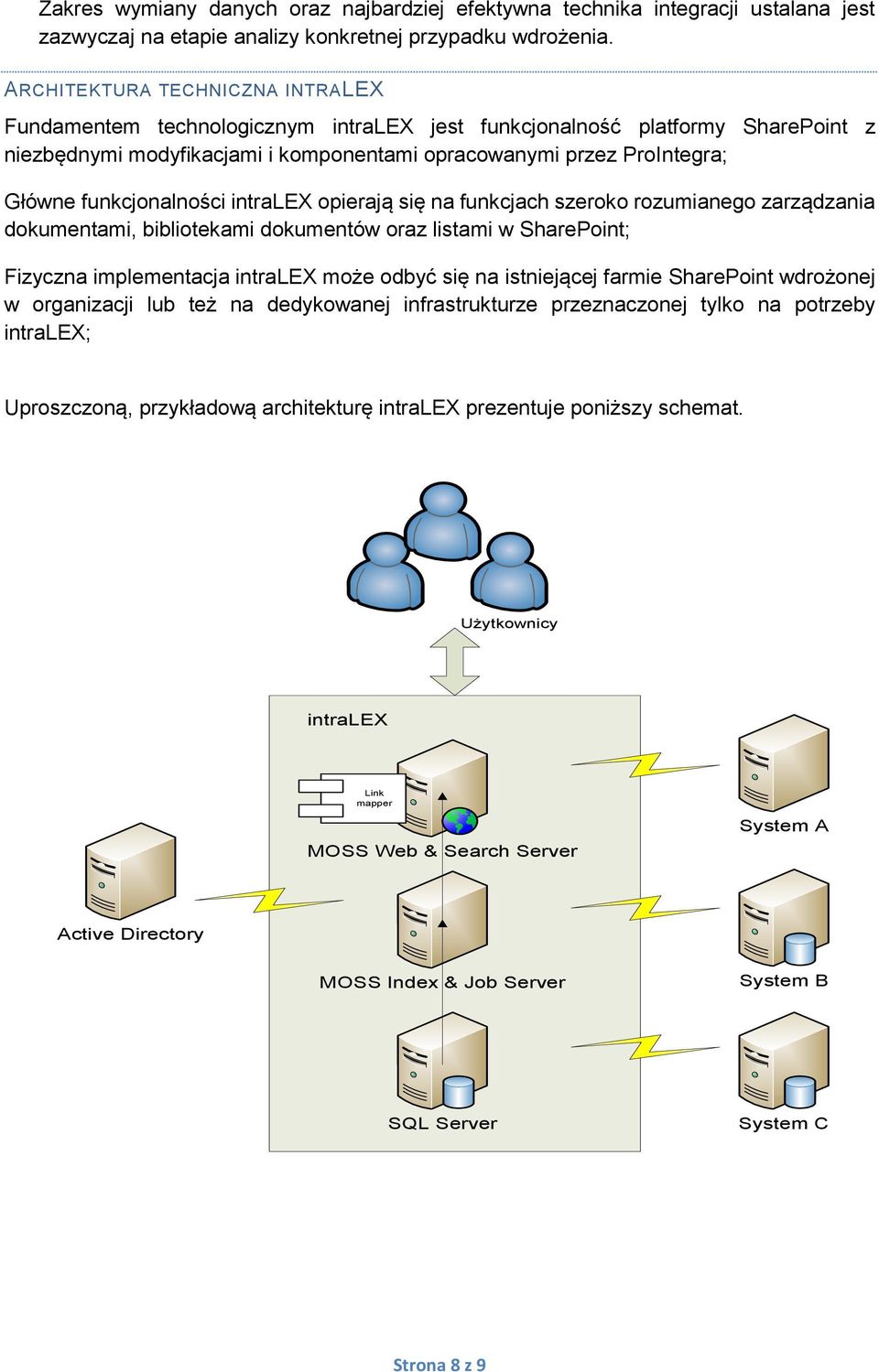 funkcjonalności intralex opierają się na funkcjach szeroko rozumianego zarządzania dokumentami, bibliotekami dokumentów oraz listami w SharePoint; Fizyczna implementacja intralex może odbyć się na