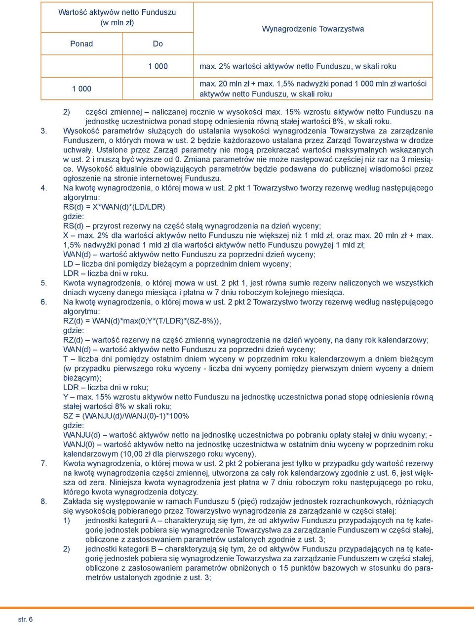 15% wzrostu aktywów netto Funduszu na jednostkę uczestnictwa ponad stopę odniesienia równą stałej wartości 8%, w skali roku. 3.