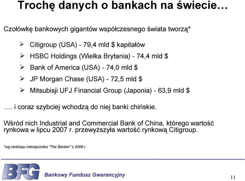 Financial Group (Japonia) - 63,9 mld $. i coraz szybciej wchodzą do niej banki chińskie.