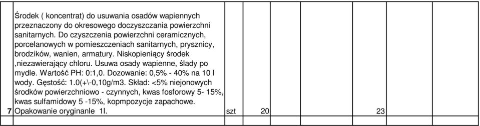 Niskopieniący środek,niezawierający chloru. Usuwa osady wapienne, ślady po mydle. PH: 0:1,0. Dozowanie: 0,5% - 40% na 10 l wody. Gęstość: 1.