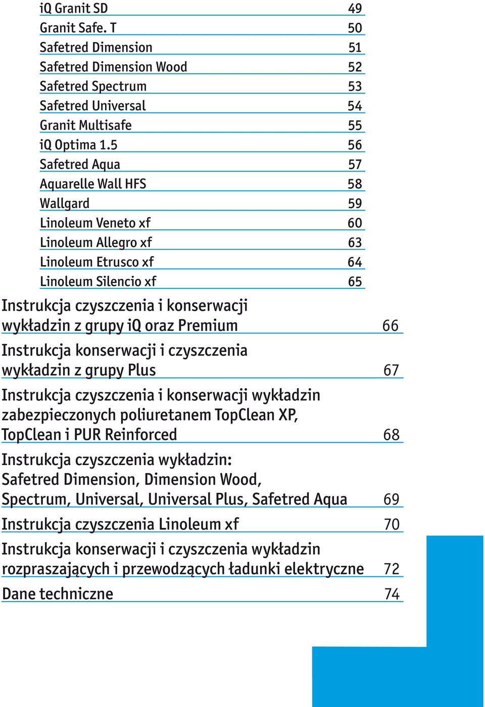 grupy iq oraz Premium 66 Instrukcja konserwacji i czyszczenia wykładzin z grupy Plus 67 Instrukcja czyszczenia i konserwacji wykładzin zabezpieczonych poliuretanem TopClean XP, TopClean i PUR