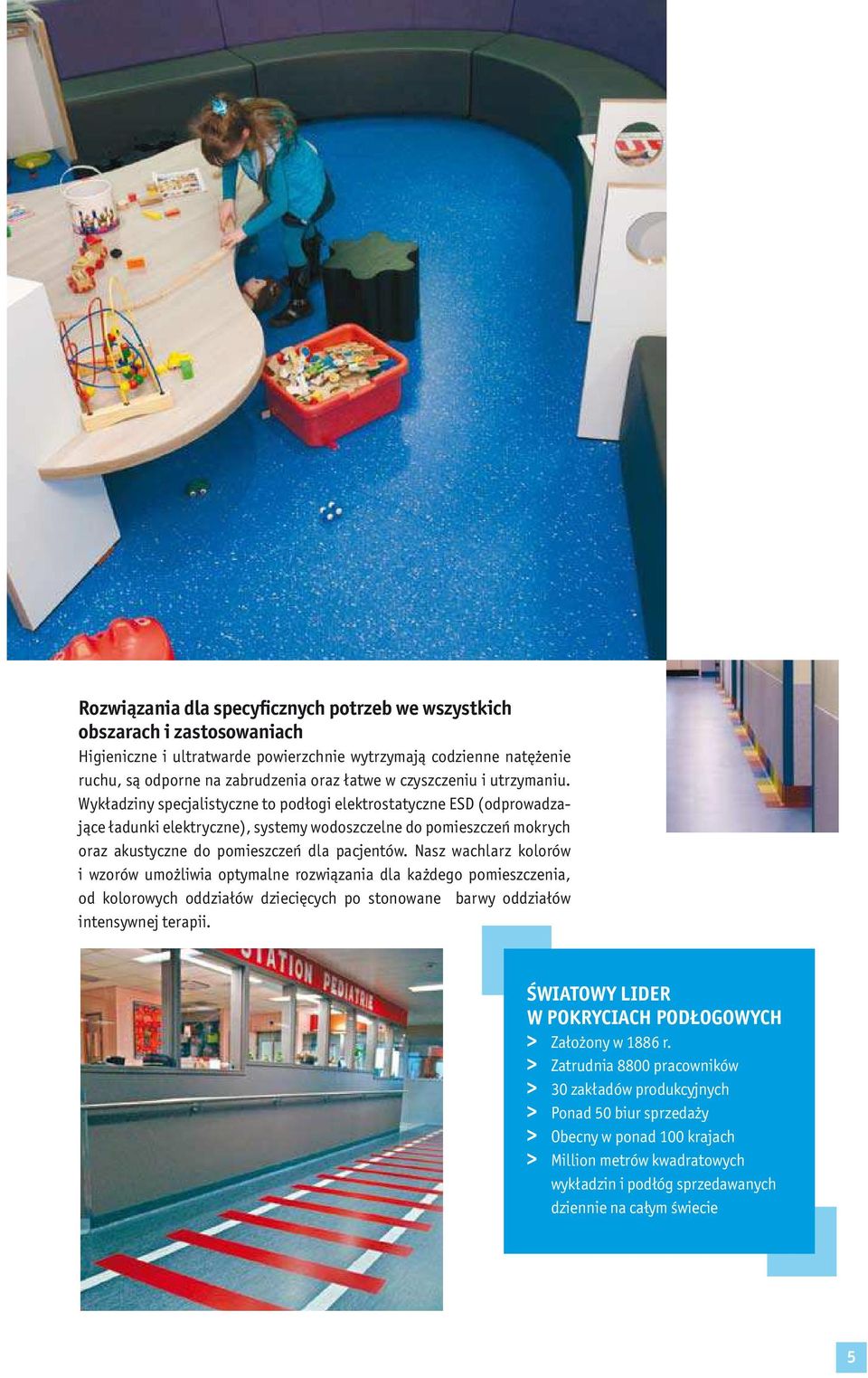 Wykładziny specjalistyczne to podłogi elektrostatyczne ESD (odprowadzające ładunki elektryczne), systemy wodoszczelne do pomieszczeń mokrych oraz akustyczne do pomieszczeń dla pacjentów.