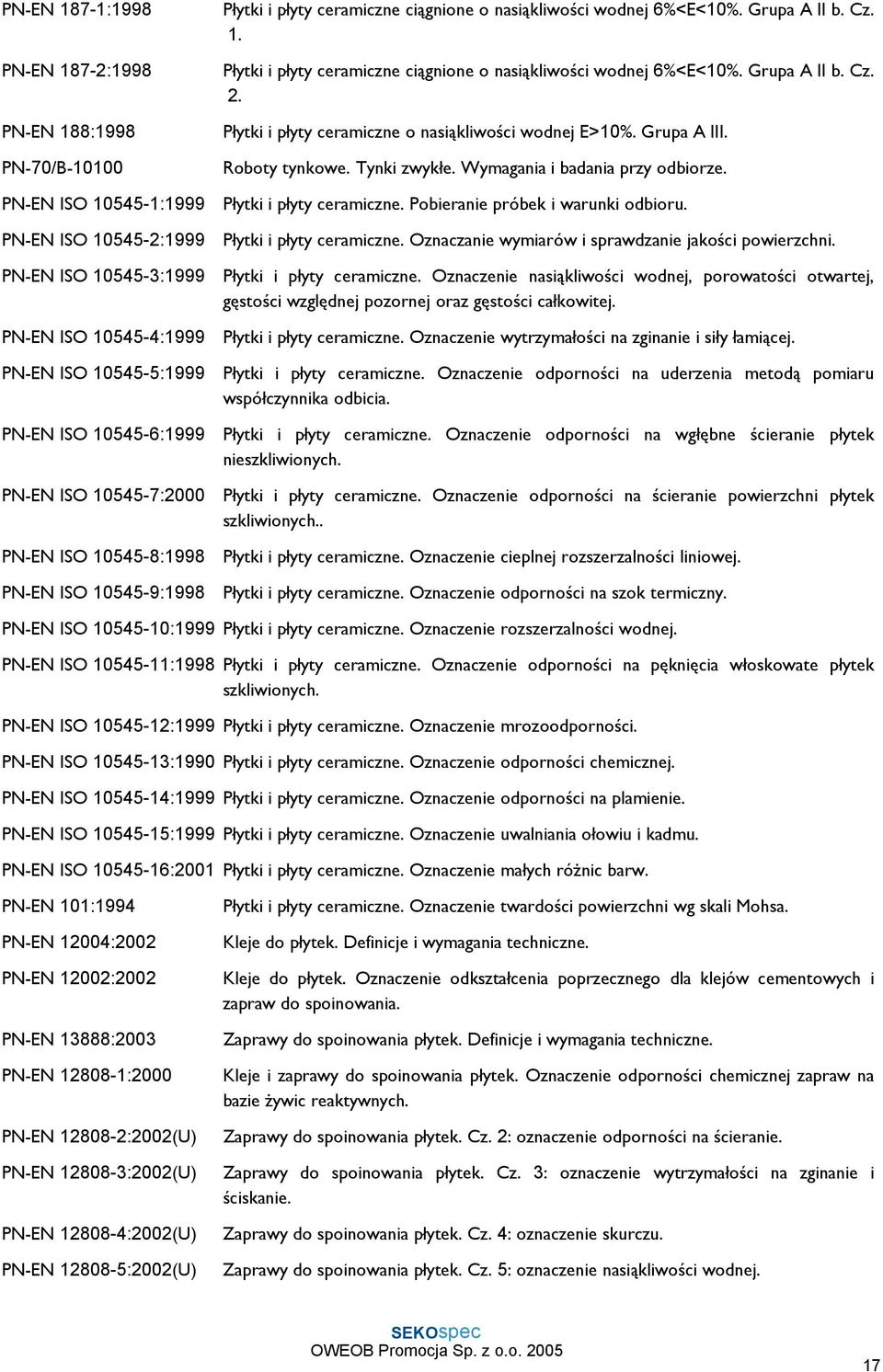 Płytki i płyty ceramiczne o nasiąkliwości wodnej E>10%. Grupa A III. Roboty tynkowe. Tynki zwykłe. Wymagania i badania przy odbiorze. Płytki i płyty ceramiczne. Pobieranie próbek i warunki odbioru.