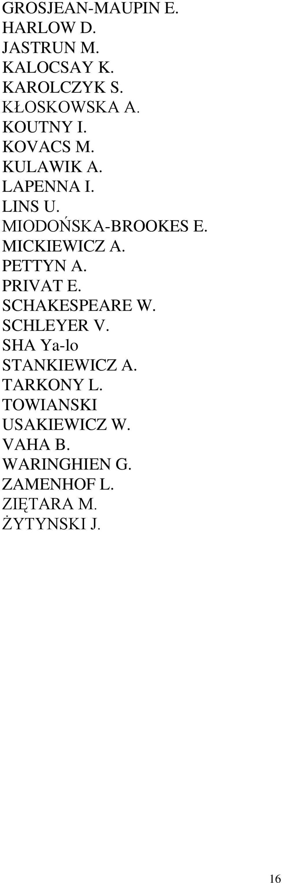 MICKIEWICZ A. PETTYN A. PRIVAT E. SCHAKESPEARE W. SCHLEYER V.