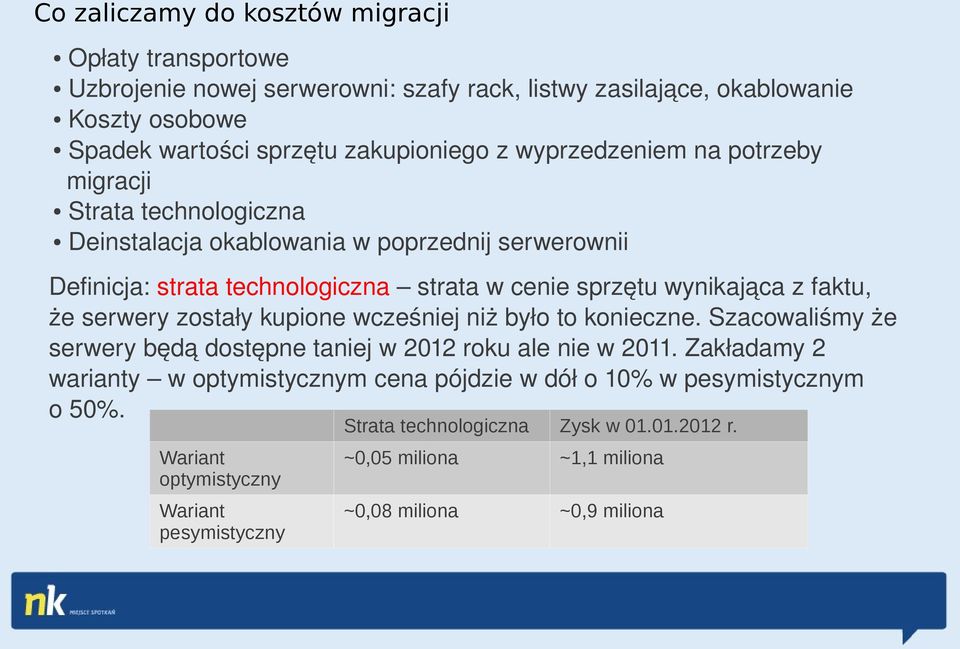 faktu, że serwery zostały kupione wcześniej niż było to konieczne. Szacowaliśmy że serwery będą dostępne taniej w 2012 roku ale nie w 2011.