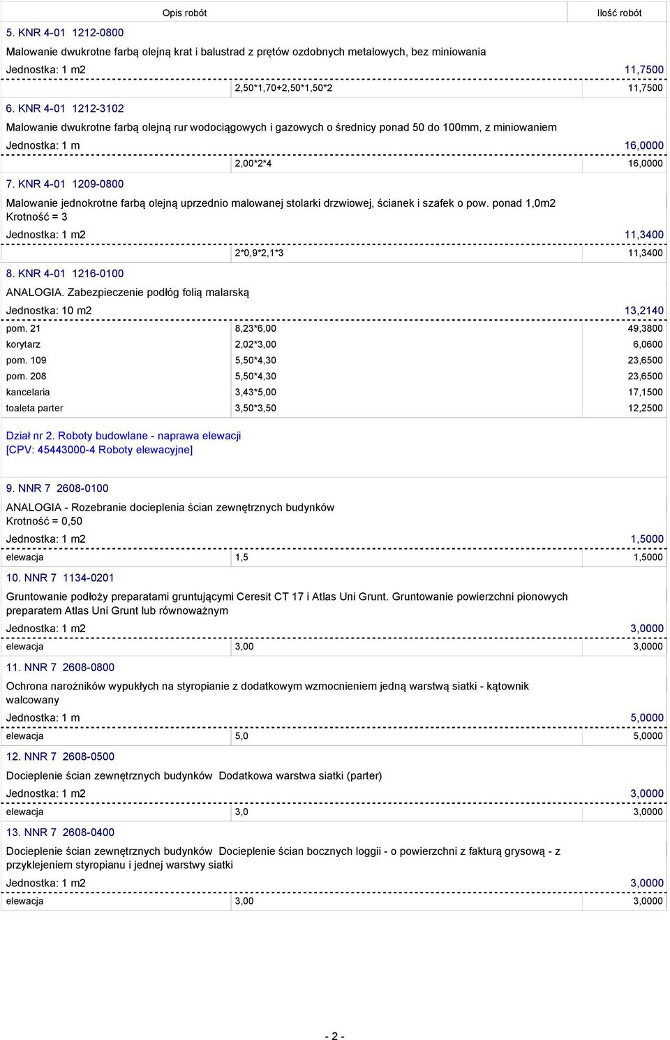 KNR 4-01 1209-0800 2,00*2*4 16,0000 Malowanie jednokrotne farbą olejną uprzednio malowanej stolarki drzwiowej, ścianek i szafek o pow. ponad 1,0m2 Krotność = 3 Jednostka: 1 m2 11,3400 8.