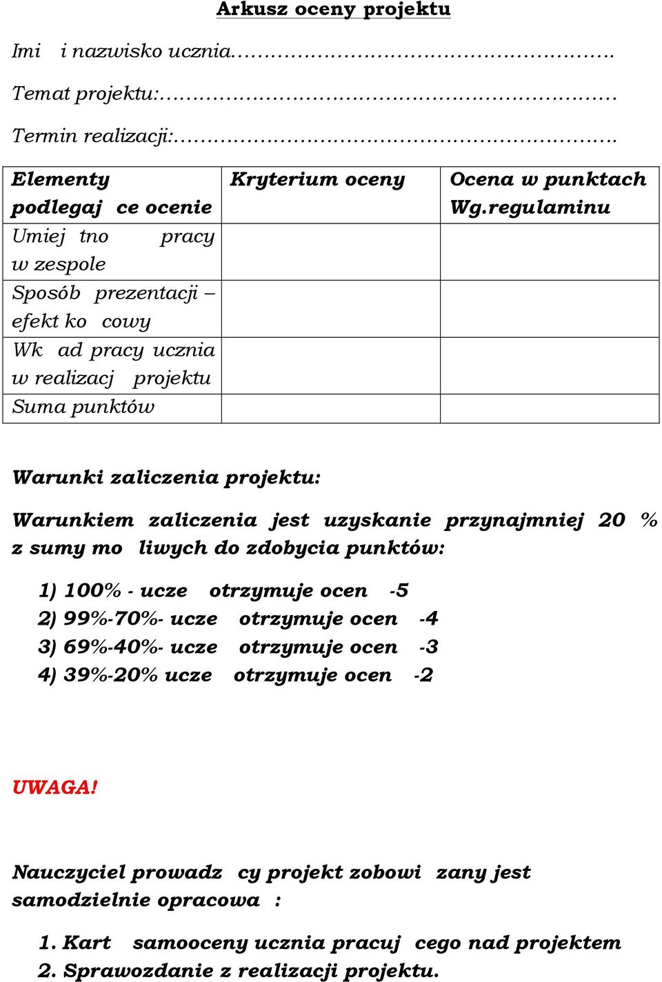 Wg.regulaminu Warunki zaliczenia projektu: Warunkiem zaliczenia jest uzyskanie przynajmniej 20 % z sumy mo liwych do zdobycia punktów: 1) 100% - ucze otrzymuje ocen -5 2)