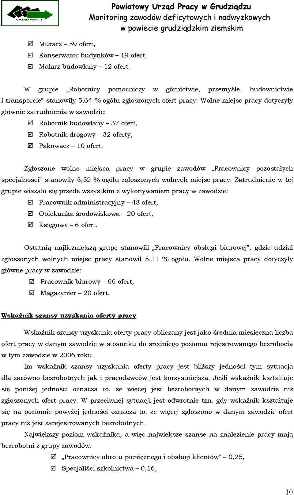 Wolne miejsc pracy dotyczyły głównie zatrudnienia w zawodzie: Robotnik budowlany 37 ofert, Robotnik drogowy 32 oferty, Pakowacz 10 ofert.