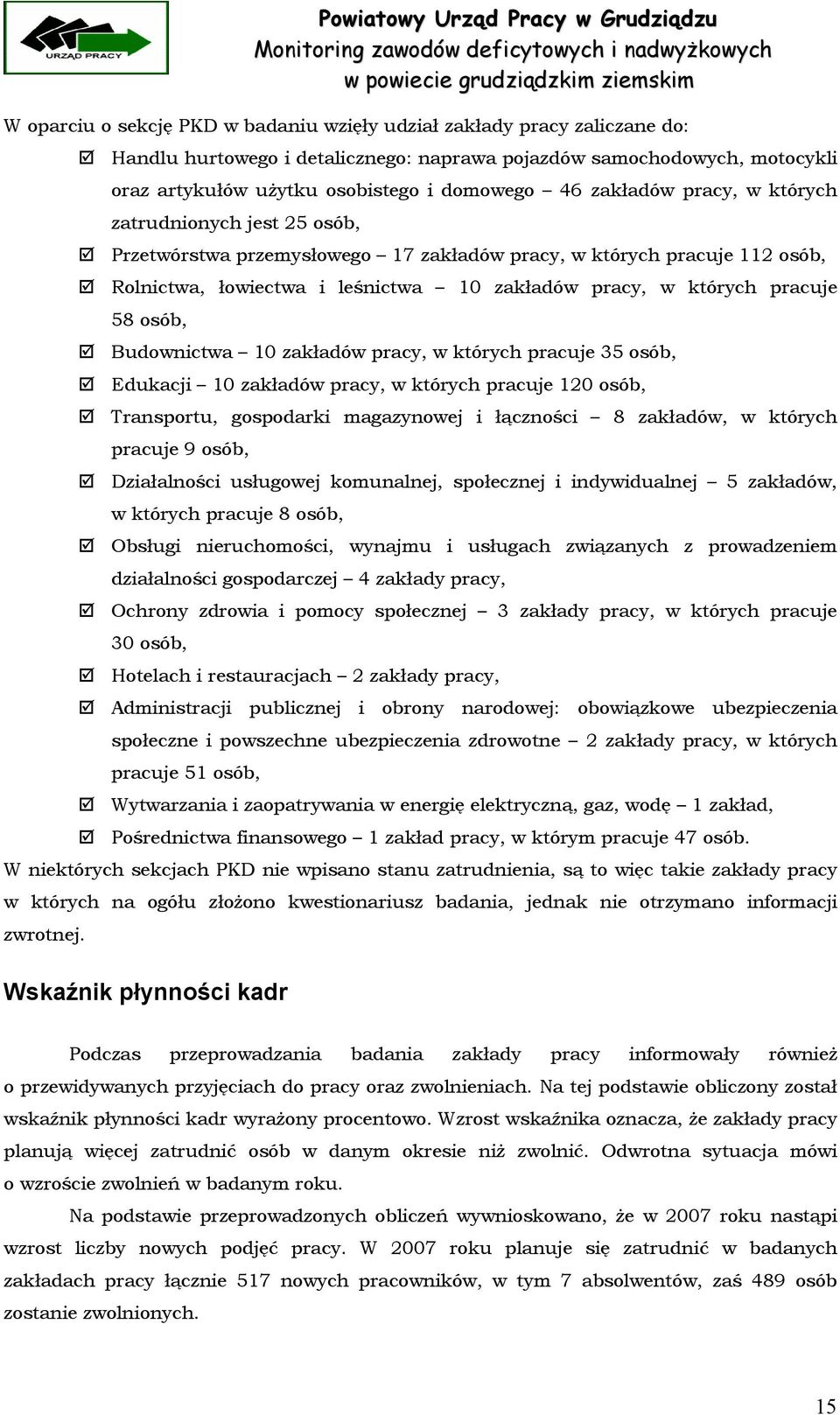 58 osób, Budownictwa 10 zakładów pracy, w których pracuje 35 osób, Edukacji 10 zakładów pracy, w których pracuje 120 osób, Transportu, gospodarki magazynowej i łączności 8 zakładów, w których pracuje