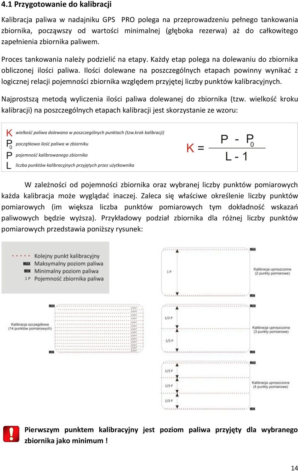 Ilości dolewane na poszczególnych etapach powinny wynikać z logicznej relacji pojemności zbiornika względem przyjętej liczby punktów kalibracyjnych.