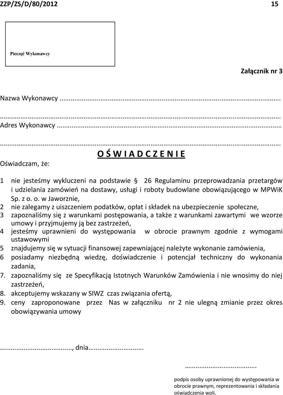 obowiązującego w MPWiK Sp. z o.