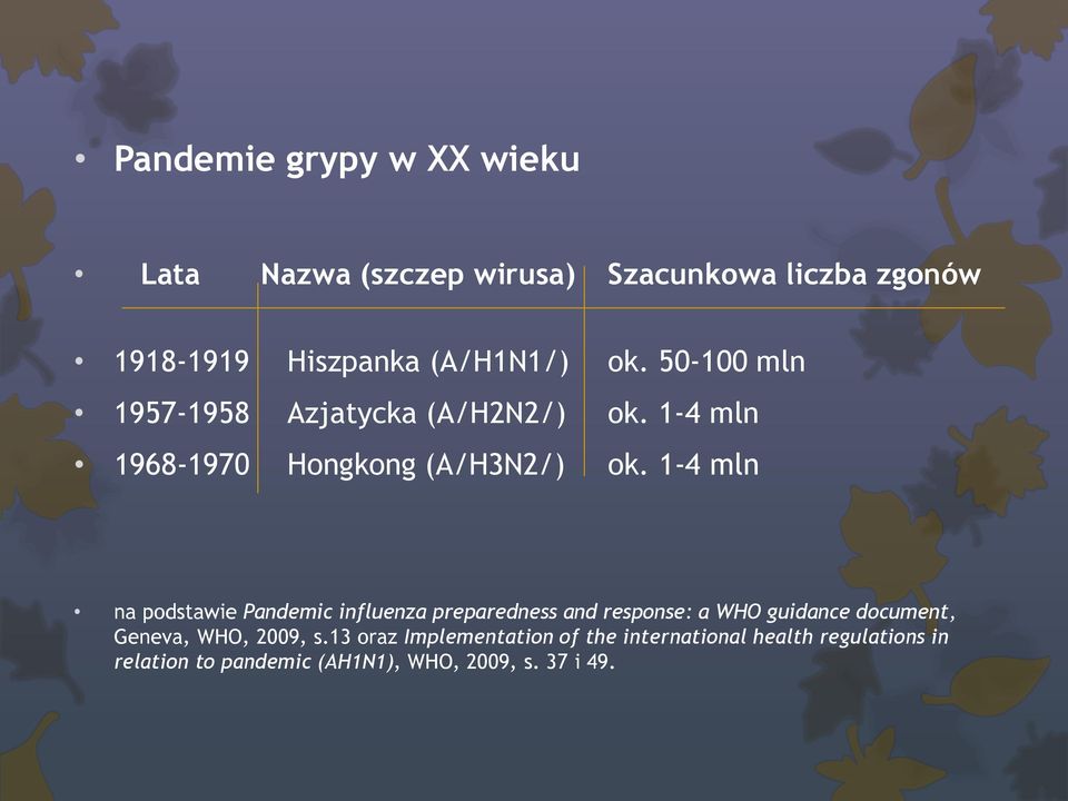 1-4 mln na podstawie Pandemic influenza preparedness and response: a WHO guidance document, Geneva, WHO,
