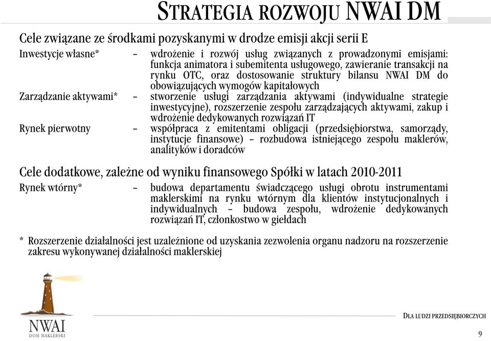 aktywami (indywidualne strategie inwestycyjne), rozszerzenie zespołu zarządzających aktywami, zakup i wdrożenie dedykowanych rozwiązań IT Rynek pierwotny współpraca z emitentami obligacji