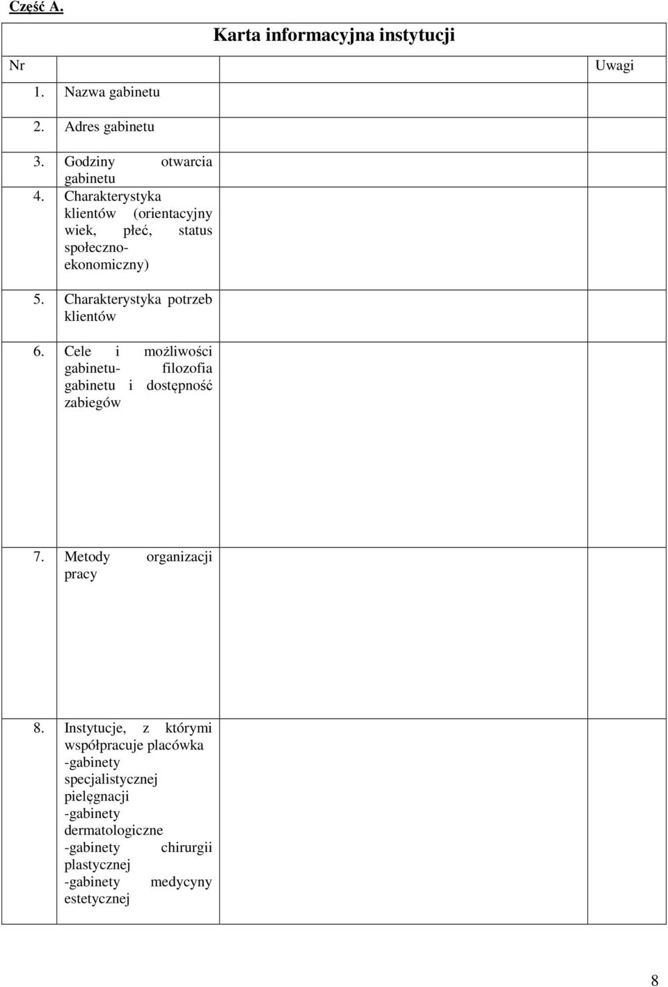 Cele i możliwości gabinetu- filozofia gabinetu i dostępność zabiegów Karta informacyjna instytucji Uwagi 7.