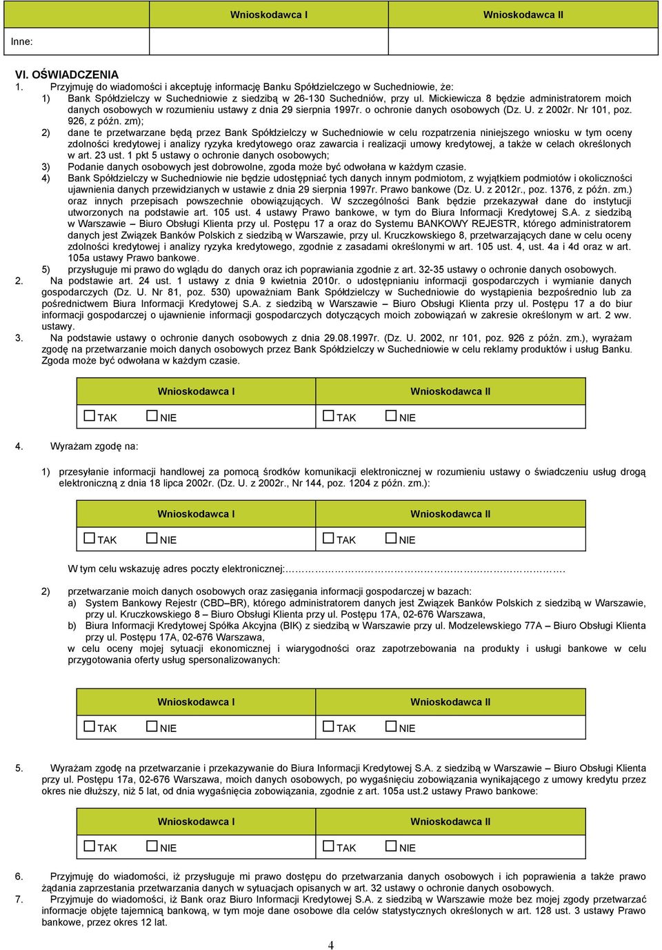 zm); 2) dane te przetwarzane będą przez Bank Spółdzielczy w Suchedniowie w celu rozpatrzenia niniejszego wniosku w tym oceny zdolności kredytowej i analizy ryzyka kredytowego oraz zawarcia i