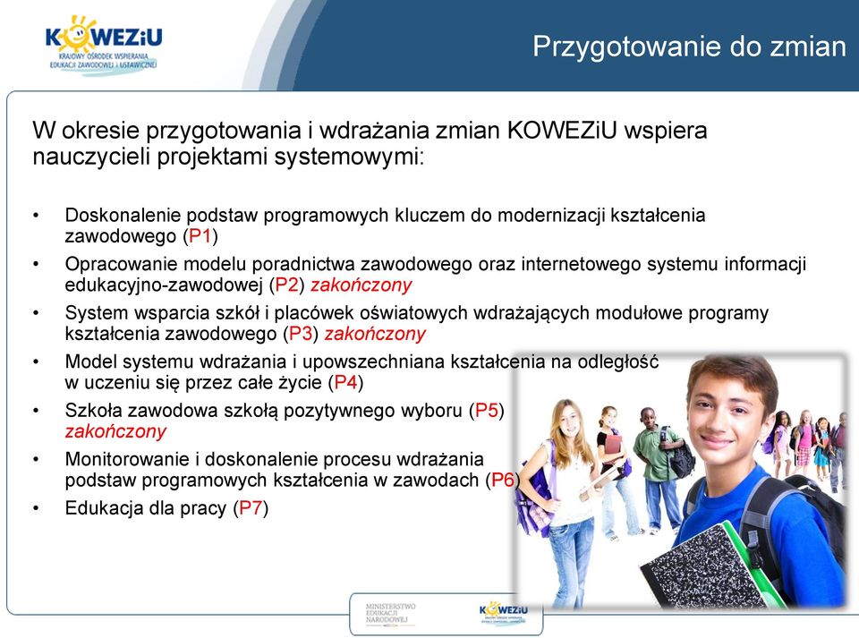 oświatowych wdrażających modułowe programy kształcenia zawodowego (P3) zakończony Model systemu wdrażania i upowszechniana kształcenia na odległość w uczeniu się przez całe życie