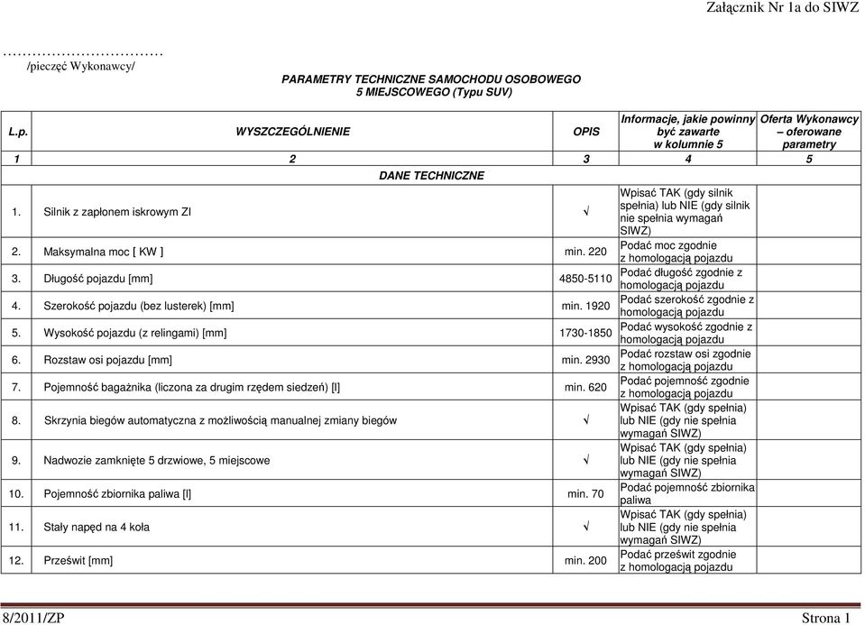 Pojemność bagażnika (liczona za drugim rzędem siedzeń) [l] min. 620 8. Skrzynia biegów automatyczna z możliwością manualnej zmiany biegów 9. Nadwozie zamknięte 5 drzwiowe, 5 miejscowe 10.