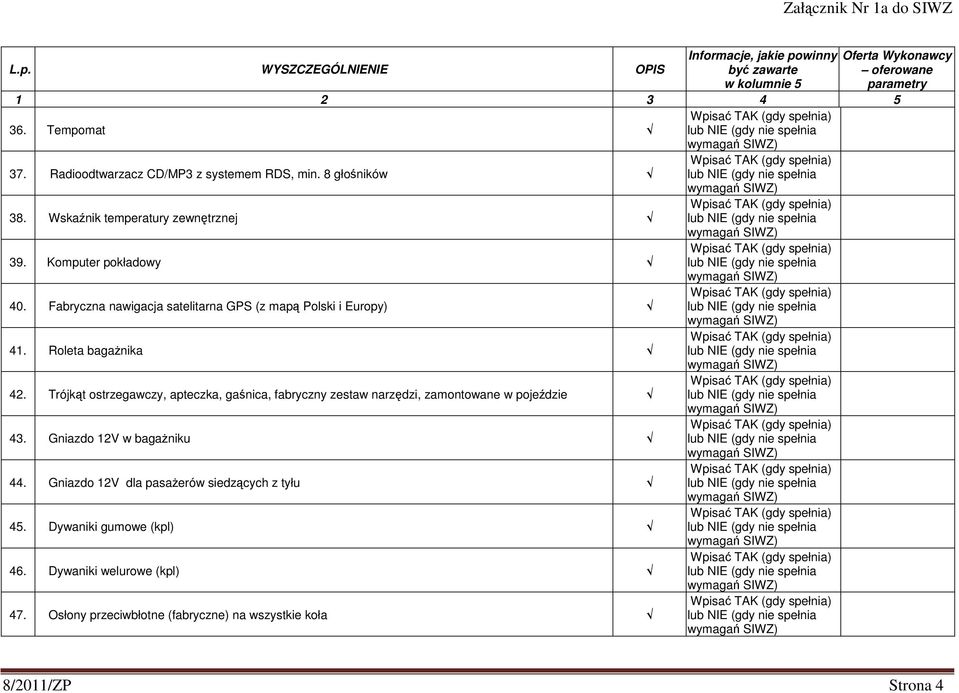 Trójkąt ostrzegawczy, apteczka, gaśnica, fabryczny zestaw narzędzi, zamontowane w pojeździe 43. Gniazdo 12V w bagażniku 44.