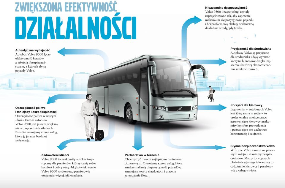 Przyjazność dla środowiska Autobusy Volvo są przyjazne dla środowiska i dają wyraźne korzyści biznesowe dzięki lżejszemu i bardziej ekonomicznemu silnikowi Euro 6.